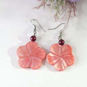 Handmade Pink Mother of Pearl Carved Flower Dangle or Drop Earrings Sterling